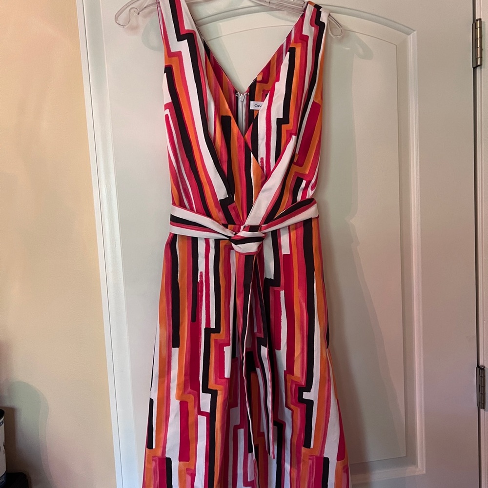 Calvin Klein Red and White Tie Front Midi Dress